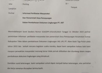 Kades Pemayungan Kecamatan Sumay Akui PT Alam Bukit Tiga Puluh Tidak Pernah Melibatkan Pihak Desa dan Perwakilan Masyarakat Desa dalam Pembahasan Dokumen UKL UPL