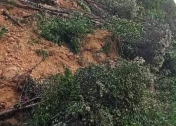 Tanah longsor yang menutup jalan Desa Tiaro, Kecamatan Muara Siau. (DETAIL/ist)